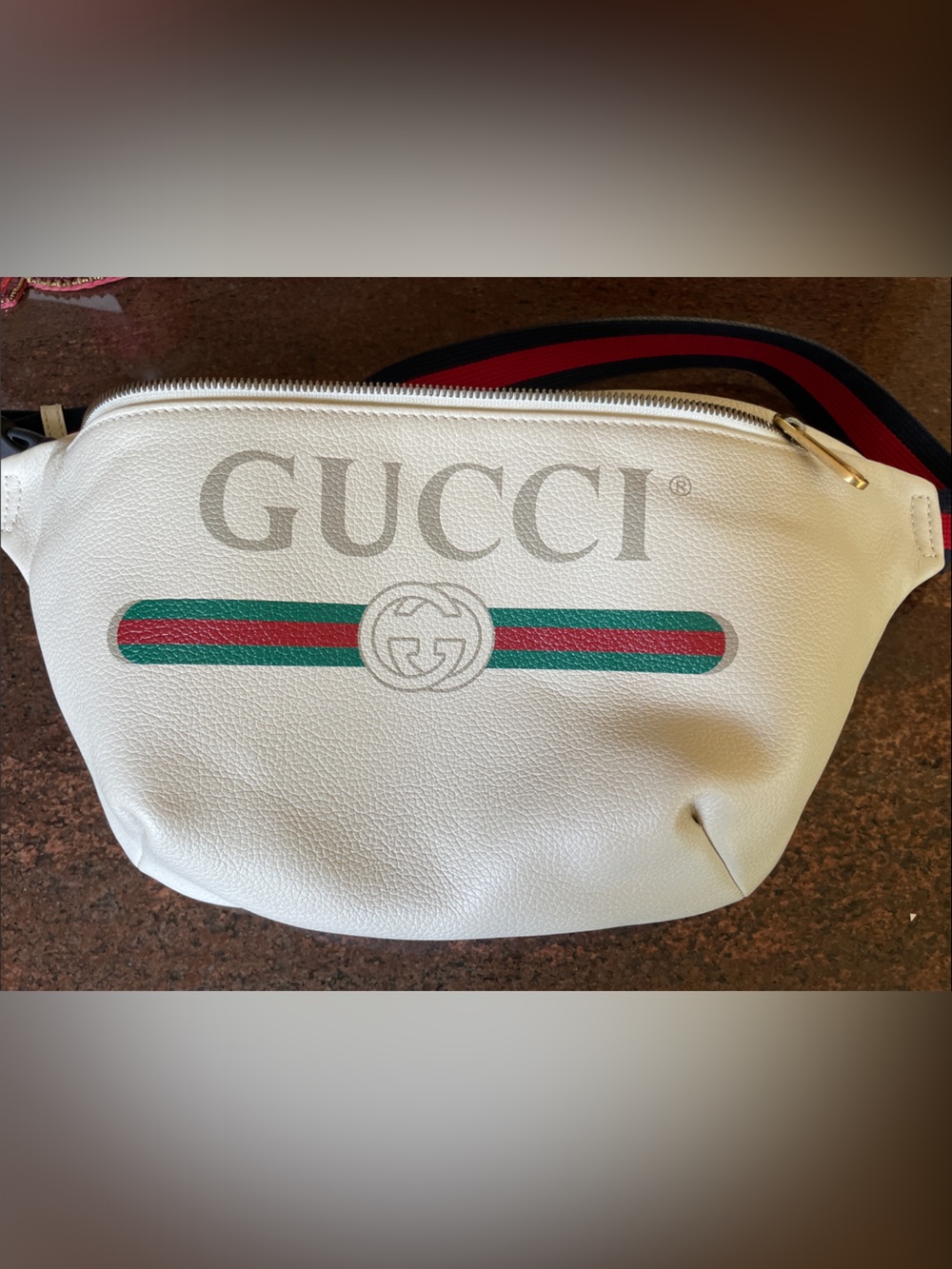 Gucci White Leather Belt Bag with Green and Red Web